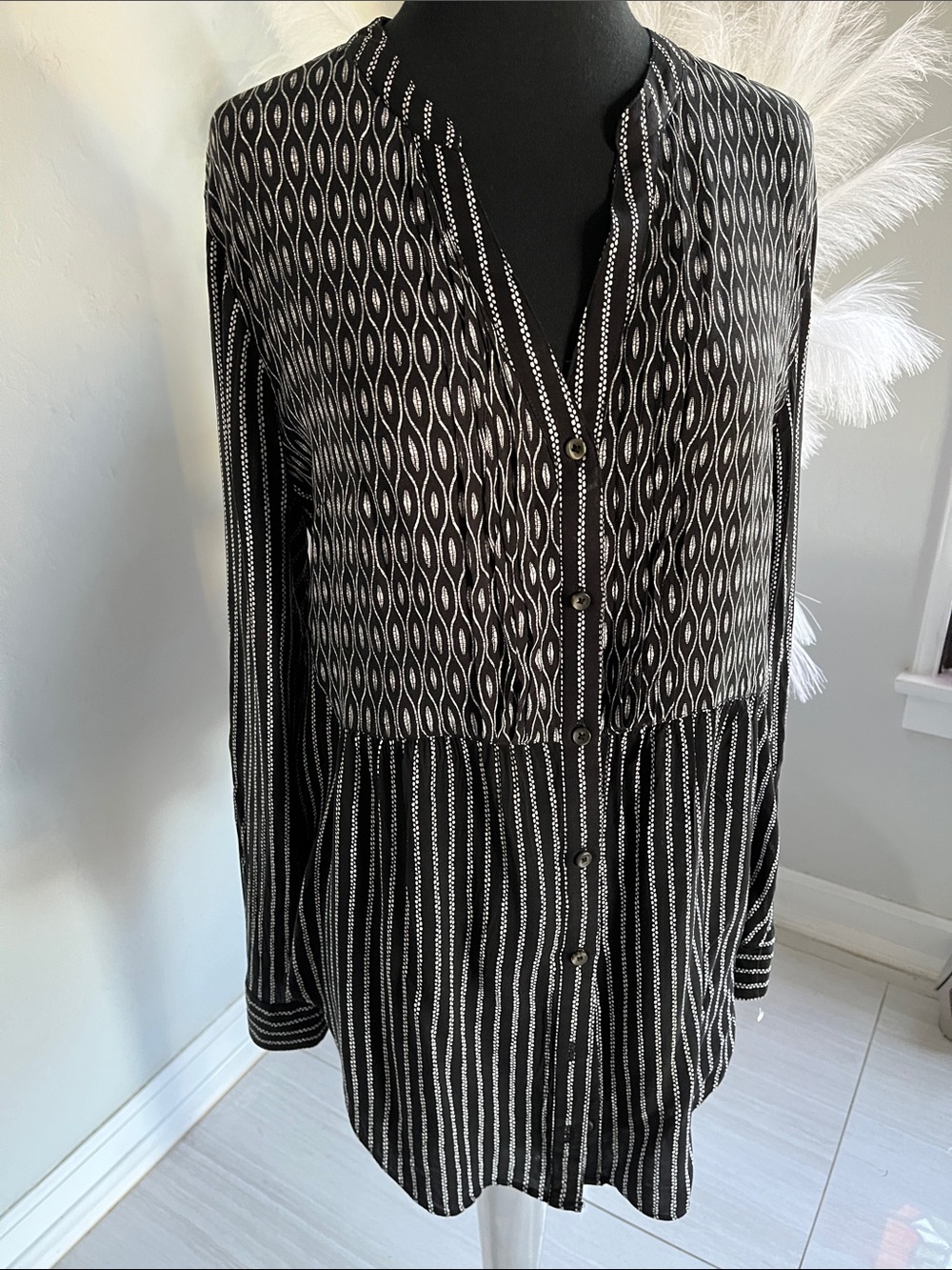 Maeve Black and White Patterned Button-Down Shirt